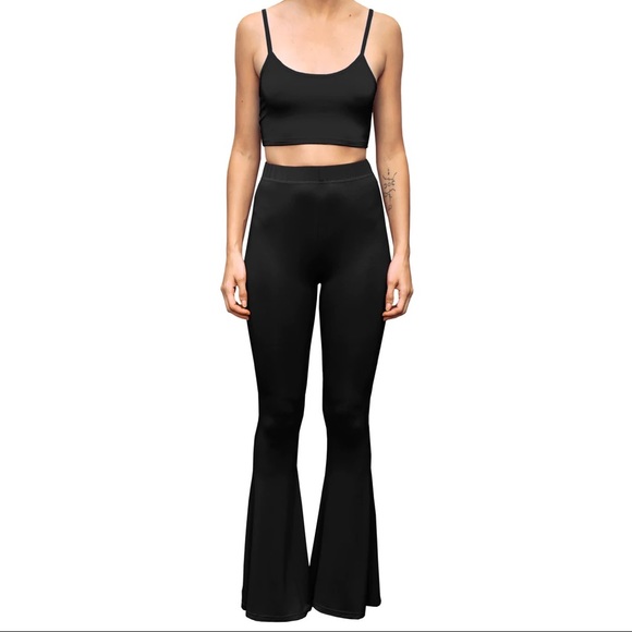Bell bottom pants and crop cami top in solid black - Picture 1 of 9